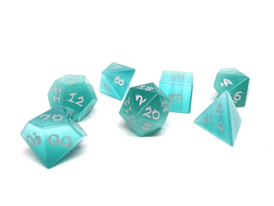 mint cat's eye dice with silver dragon numbers