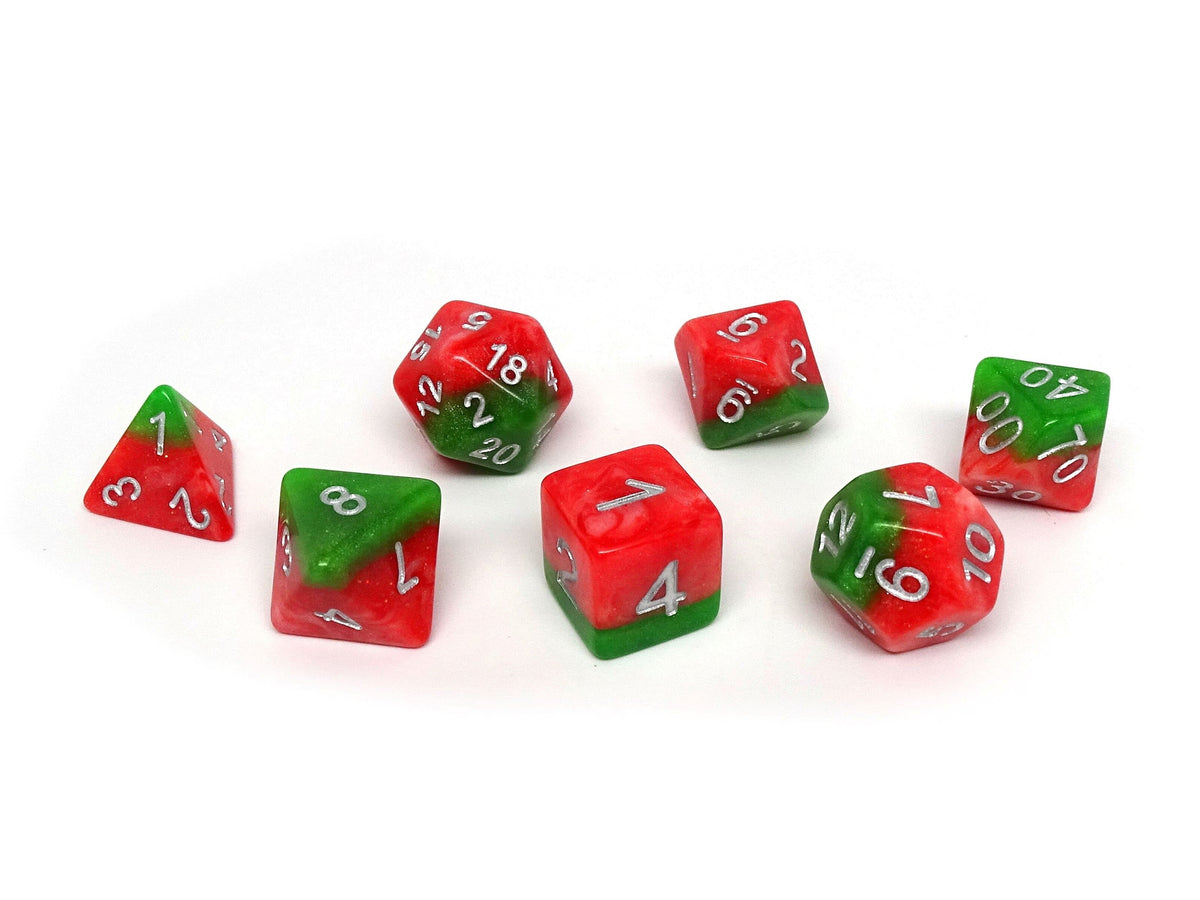 Red and Green Two Tone 7 Piece Dice Collection Easy Roller Dice Company