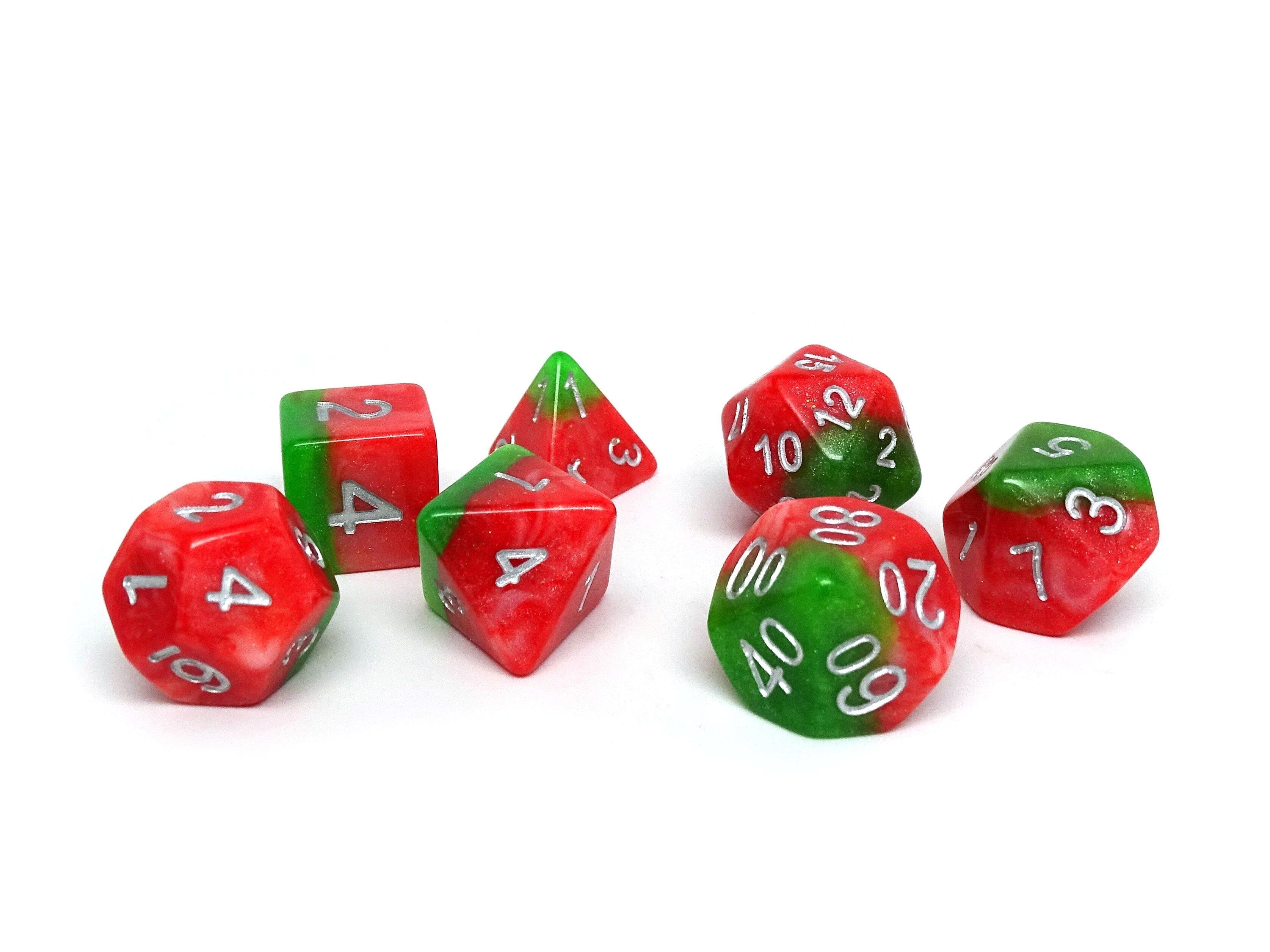 Red and Green Two Tone - 7 Piece Dice Collection - Easy Roller