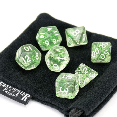 green sparkle 7pc dice set with bag