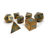 Metal Dice of Ancient Dragons - Ancient Gold with Powder Blue Dragon Font