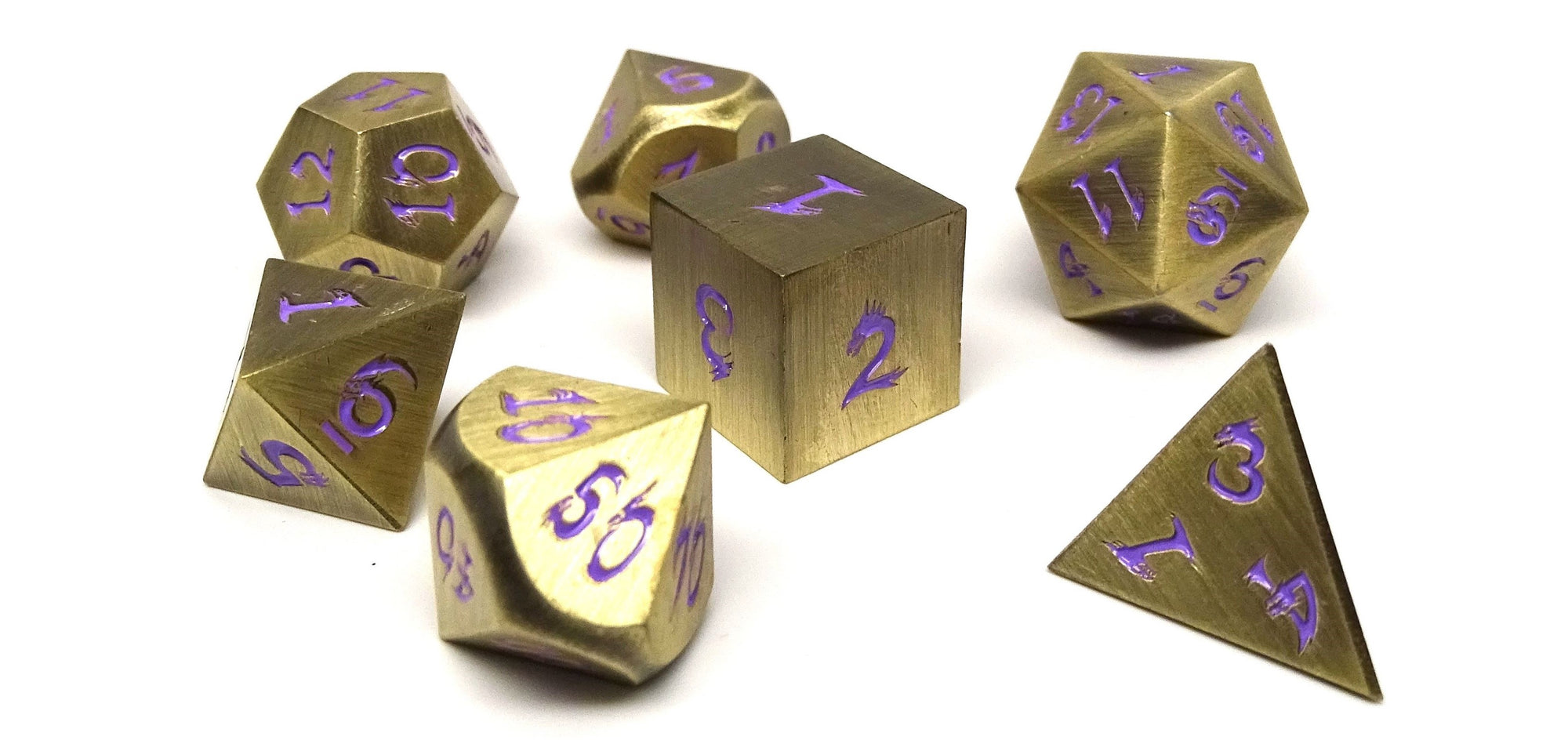 Metal Dice of Ancient Dragons - Ancient Bronze with Purple Dragon Font