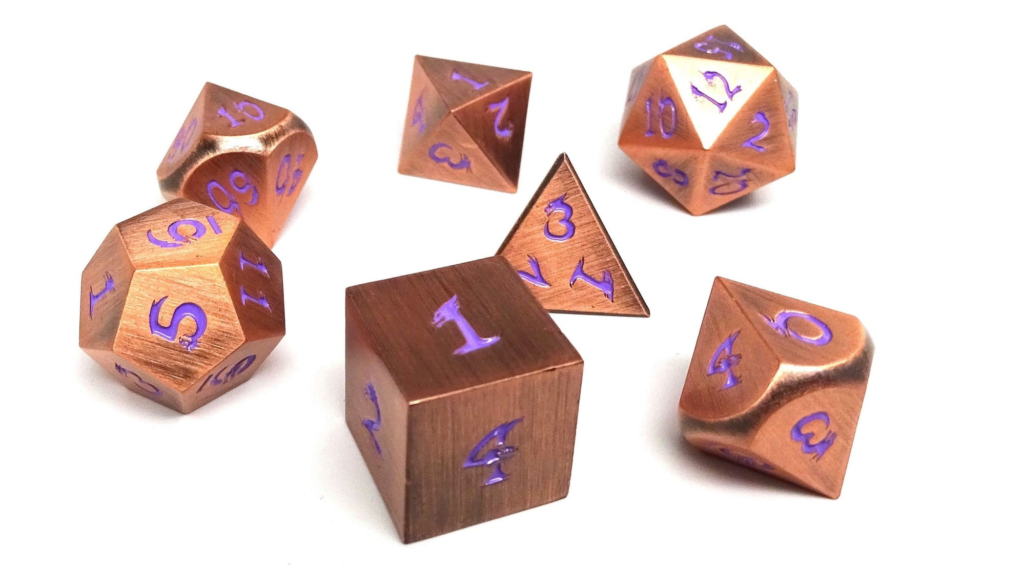 Metal Dice of Ancient Dragons - Ancient Copper with Purple Dragon Font