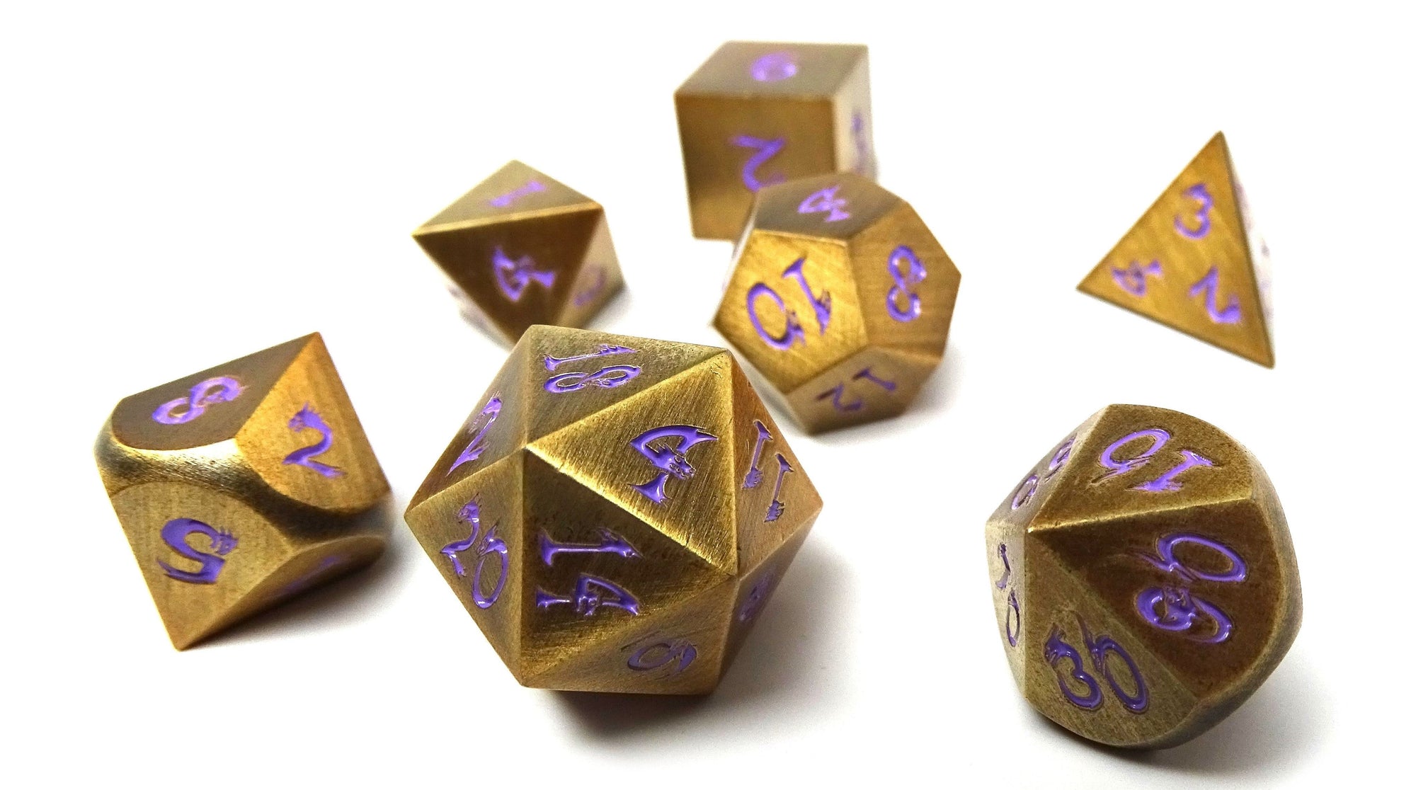 Metal Dice of Ancient Dragons - Ancient Gold with Purple Dragon Font